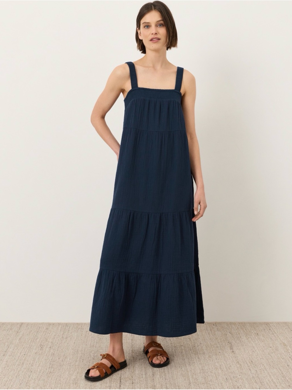 Pact Organic Coastal Double Gauze Strappy Tiered Maxi Dress Navy